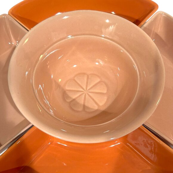 Vintage MCM California Pottery Serving Dish Chip Dip 5 Piece Orange Coral J31 - Picture 2 of 10